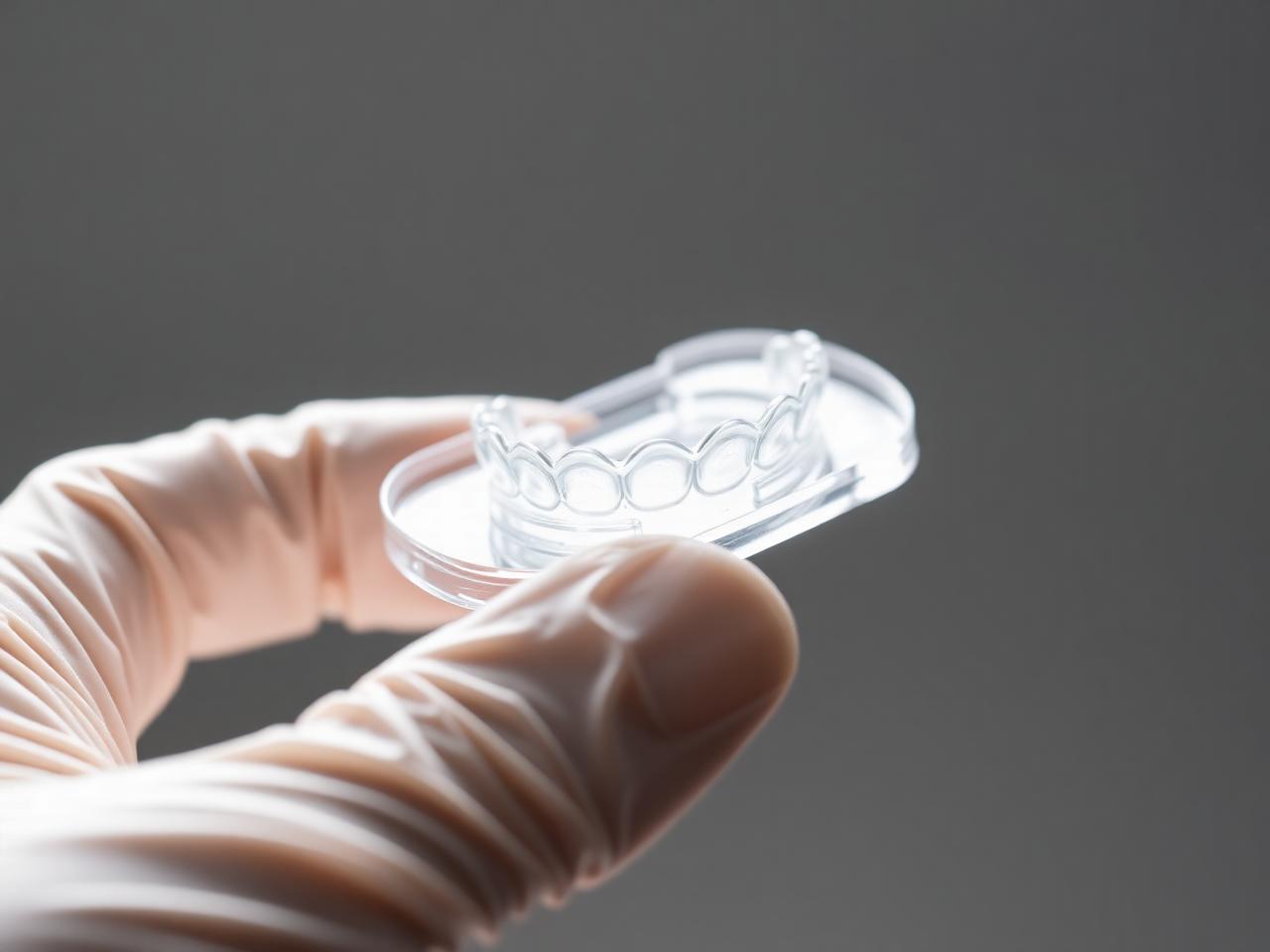 Clear orthodontic aligner held by a clinician